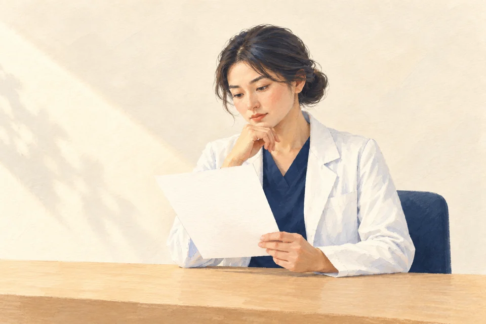 Illustration of a doctor carefully reviewing a blank document.