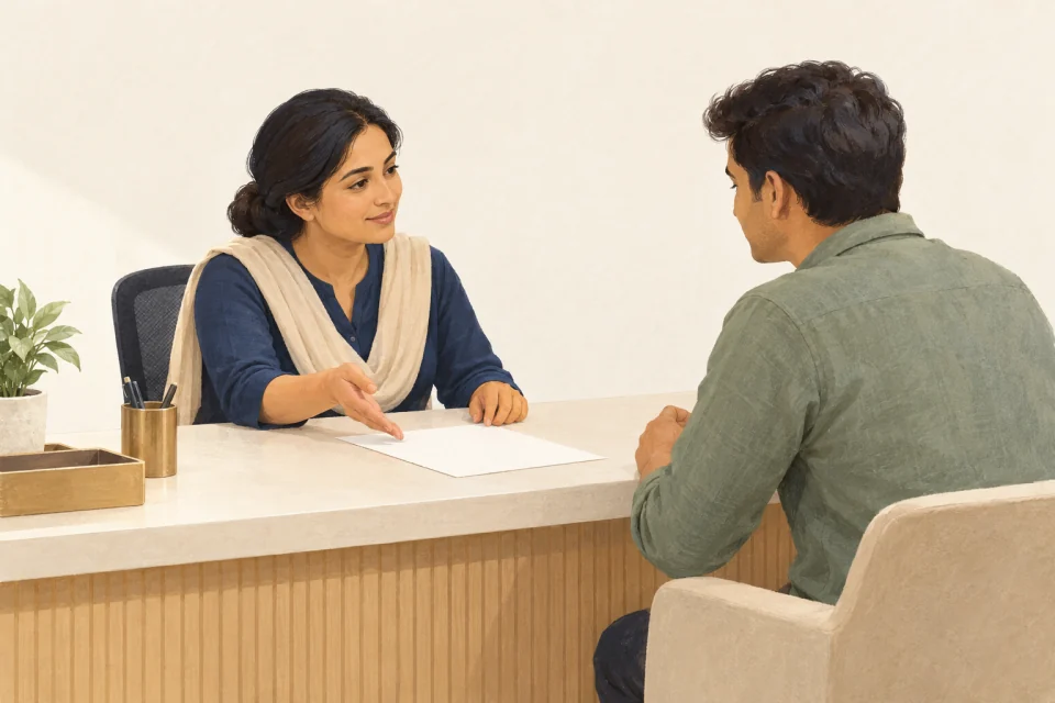 Illustration of an adult visitor and receptionist discussing registration details.