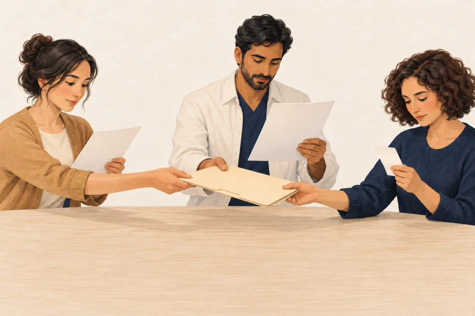 Illustration of reception, doctor and billing staff checking their own documents around one visit.